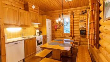 Fridge, microwave, dishwasher, cookware/dishes/utensils