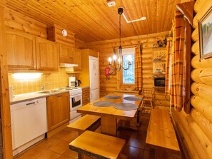 Fridge, microwave, dishwasher, cookware/dishes/utensils