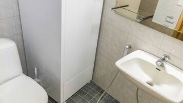 A small bathroom with a toilet, a sink, and a mirror.