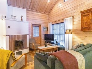 A cozy cabin interior with a fireplace, a television, and a comfortable seating area. - Pyhänkarhu 1 by Interhome (Pelkosenniemi)