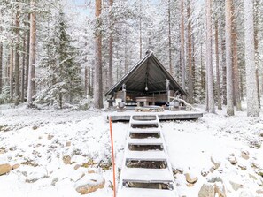 Puinen mökki, jonka katto on kalteva, ja jonka ympärillä on lumipeitteinen metsä.
