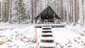 A wooden cabin in a snowy forest with a wooden staircase leading up to it.
