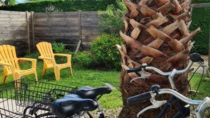 A bicycle parked next to a palm tree, with a wooden fence and yellow chairs in the background. - PALMIER *** studio with garden and parking (Le Bois-Plage-en-Ré)