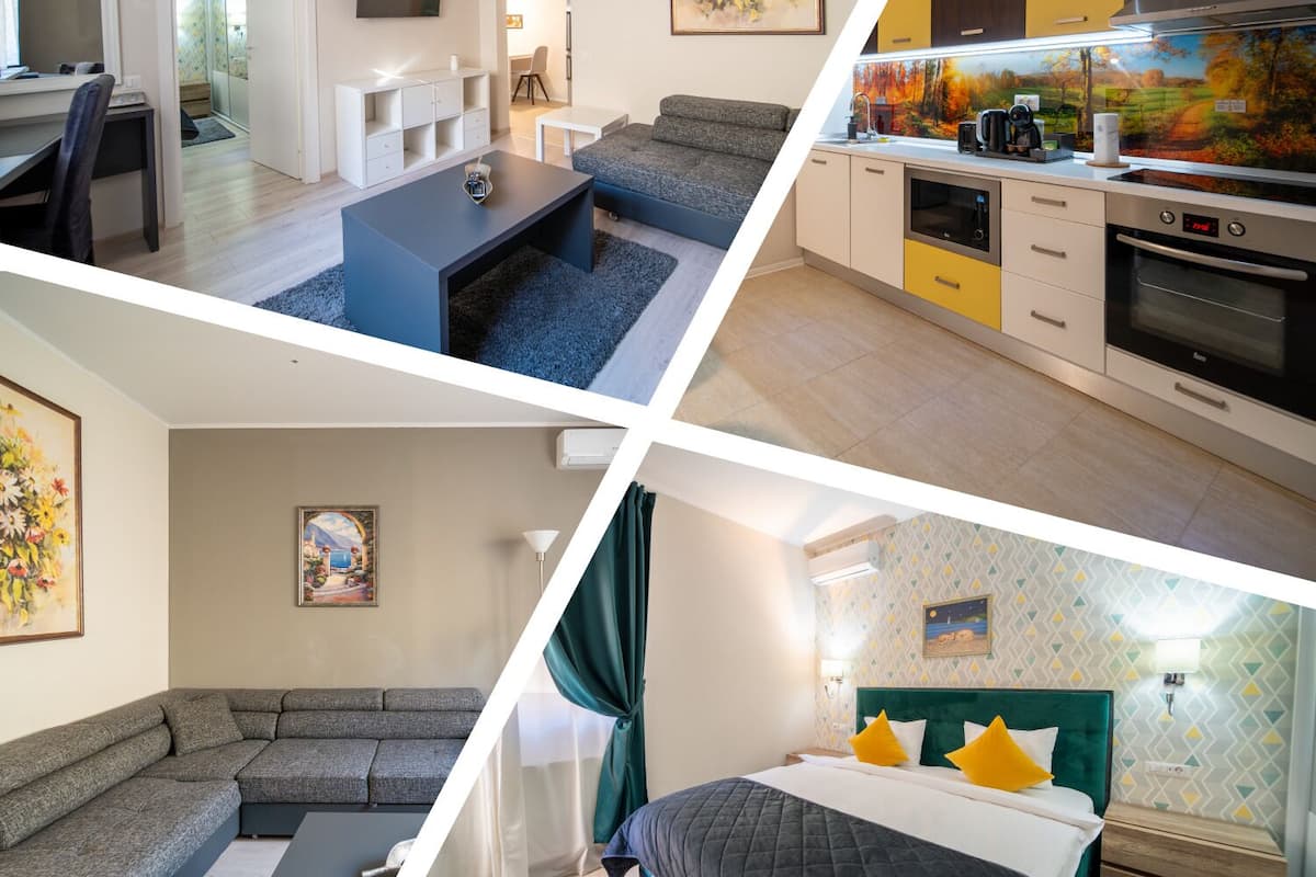Eine moderne Wohnung mit Wohnbereich, Küche und Schlafzimmer.