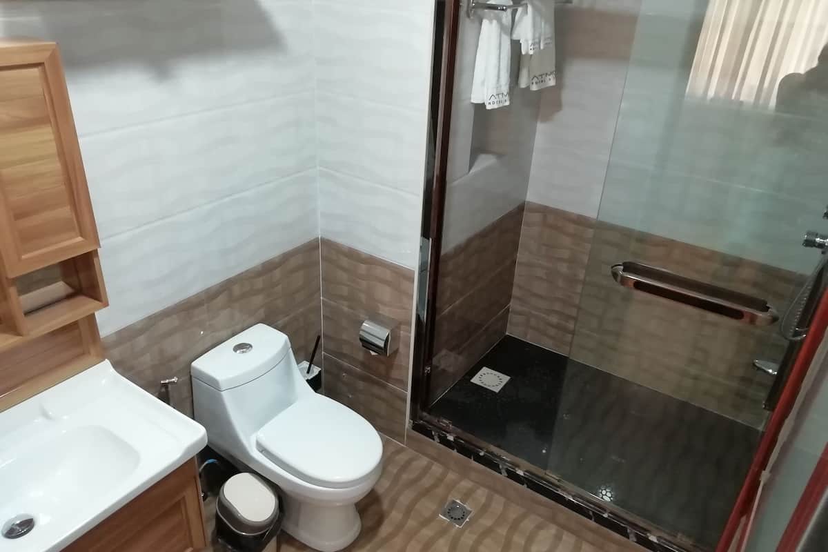 shower, rainfall showerhead, free toiletries, hair dryer