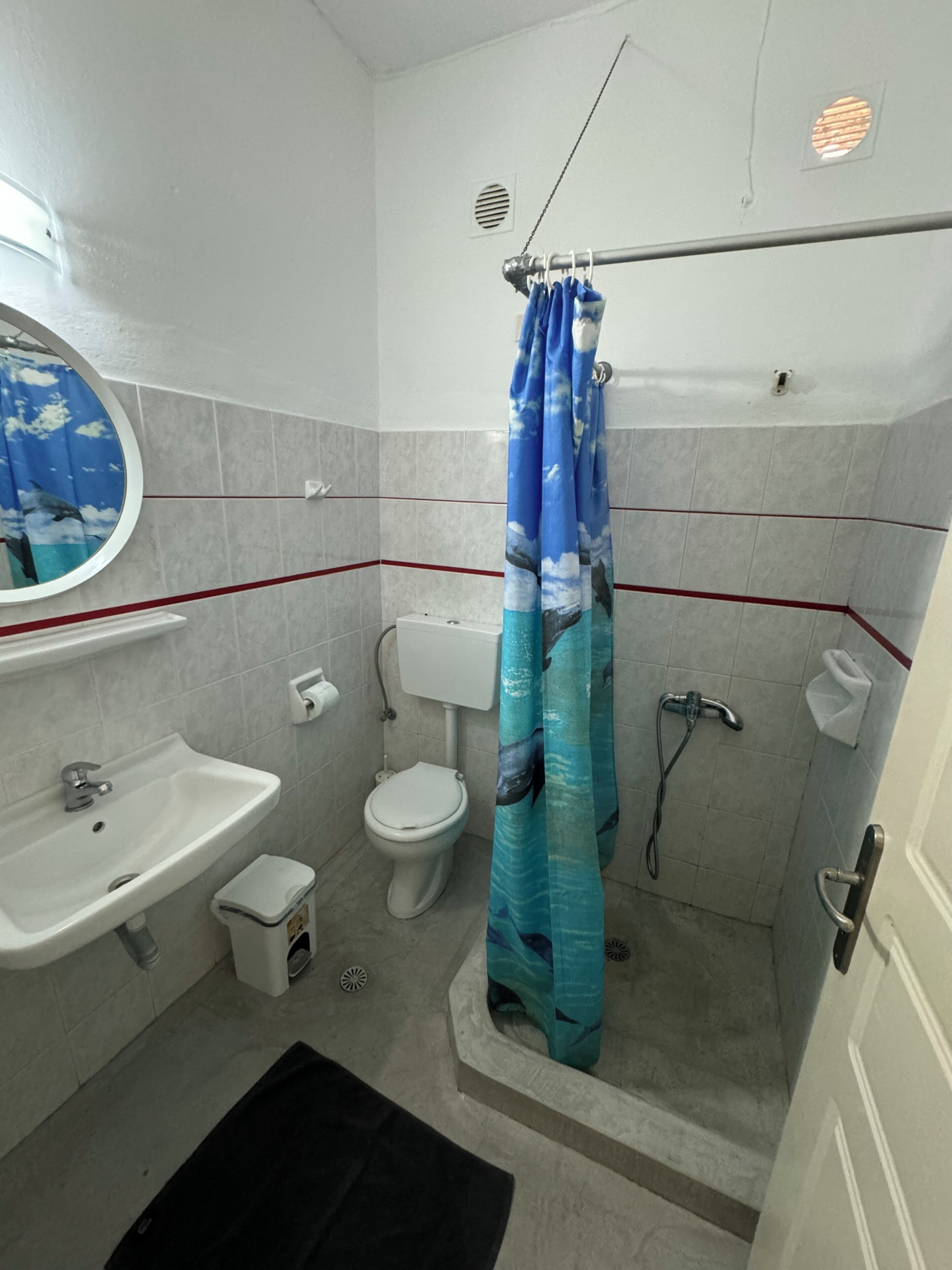 A bathroom with a toilet, sink, shower, and a mirror with a dolphin decal.