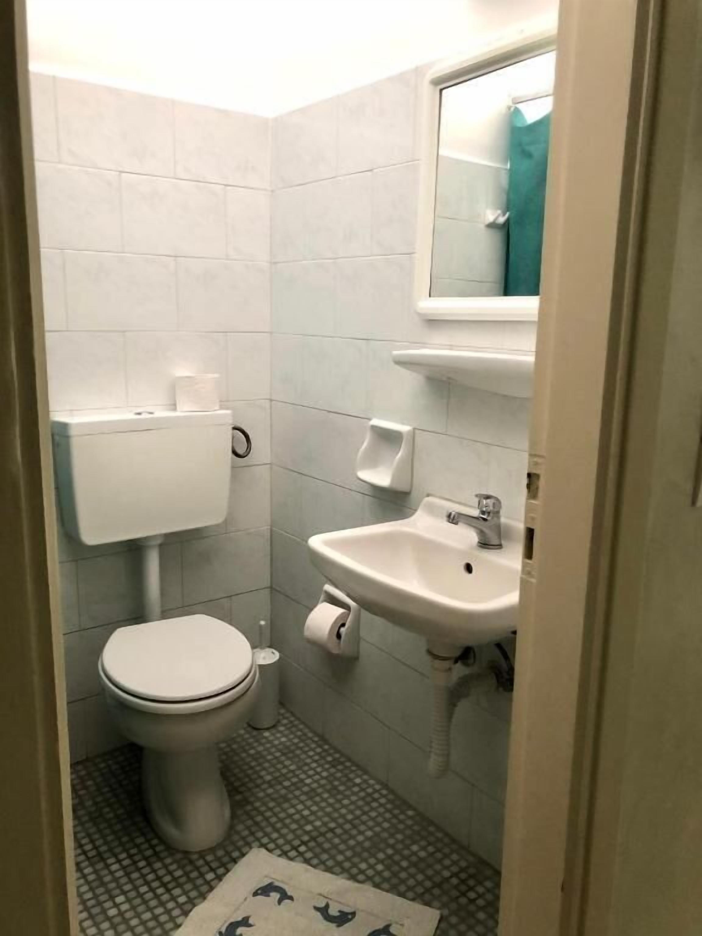 Une petite salle de bain propre, équipée de toilettes, d’un lavabo et d’un miroir.