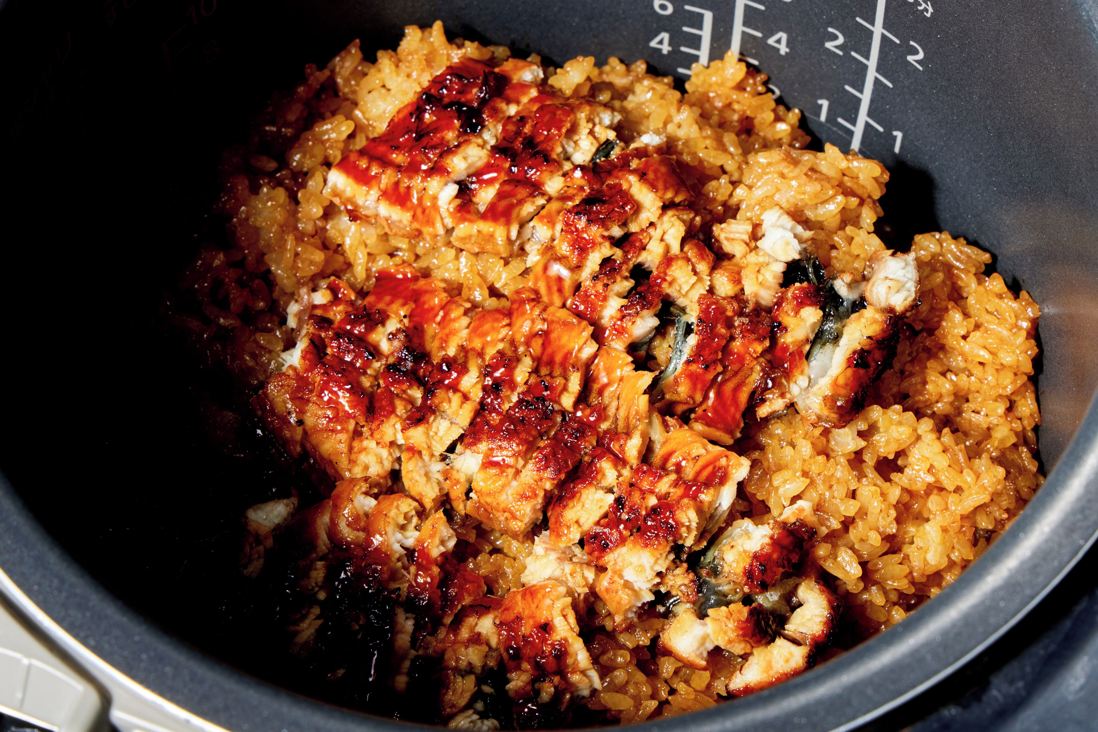 A close-up of a dish with rice and grilled chicken pieces.