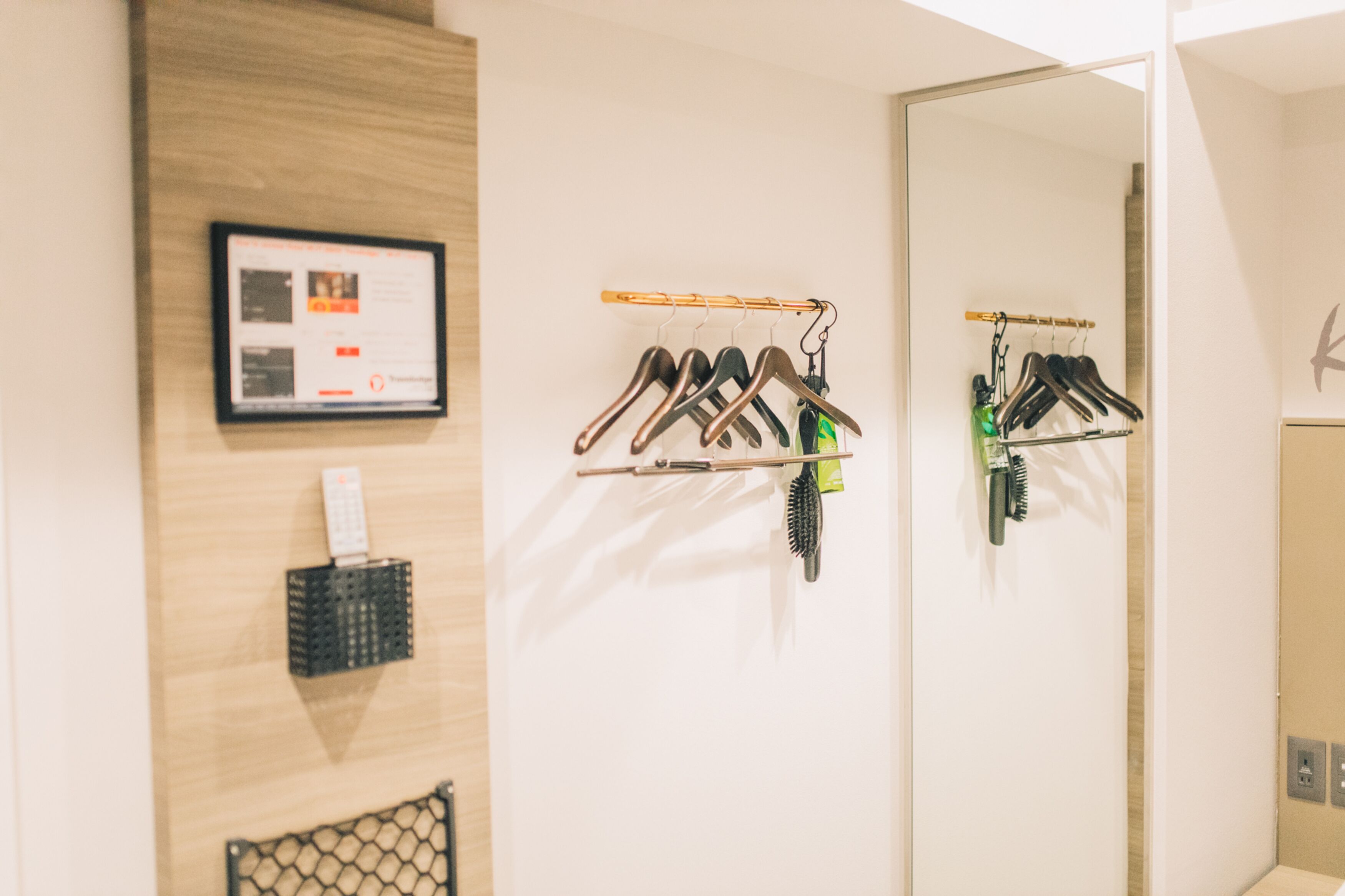 A wall with a framed informational sign, a rack with hanging clothes, and a mirror reflecting the rack.