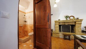 Een badkamer met douche, toilet en een houten deur.