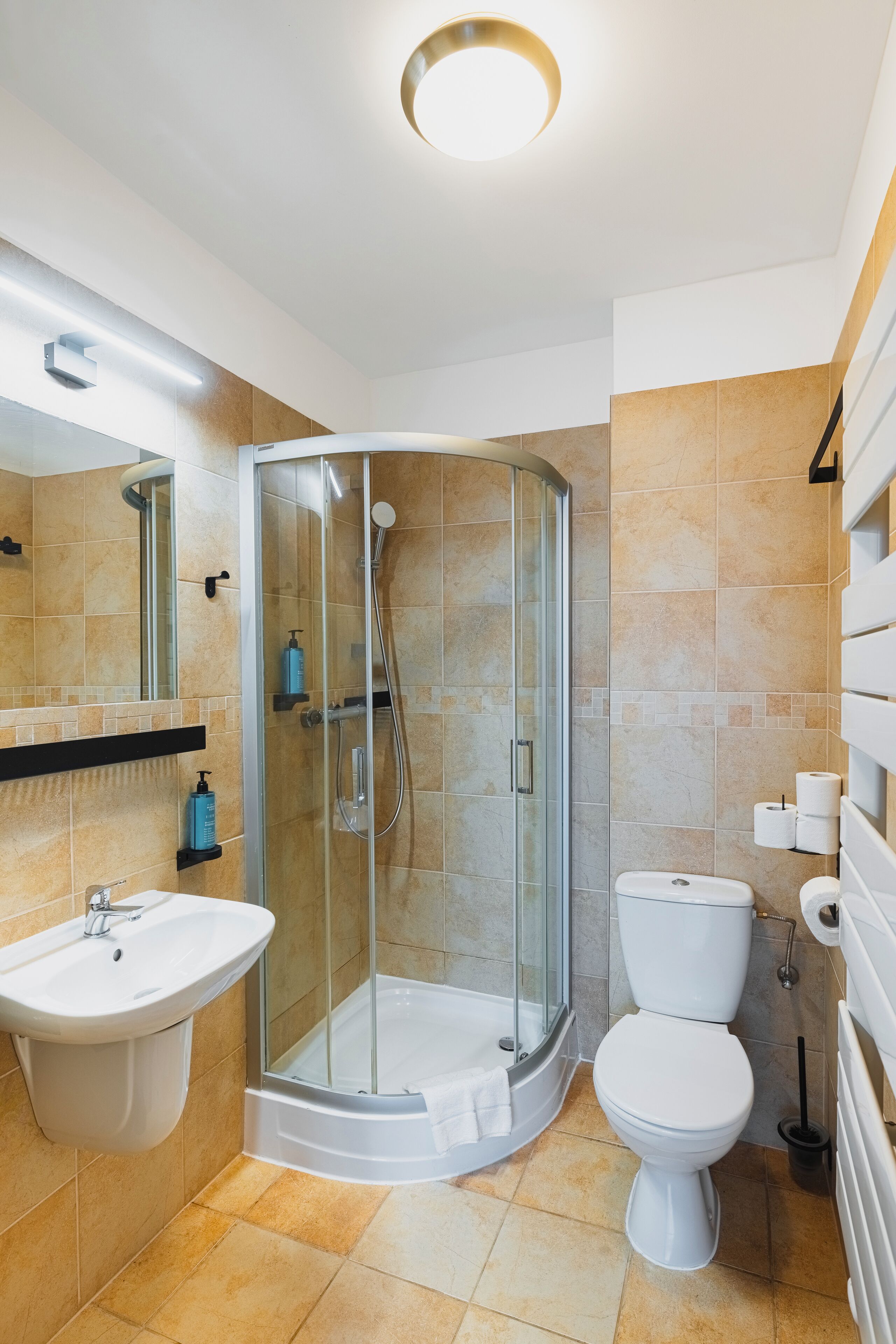 A modern bathroom with a glass-enclosed shower, a white sink, and a toilet.