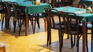 Un restaurante con varias mesas y sillas, ventanas amplias y plantas en macetas.
