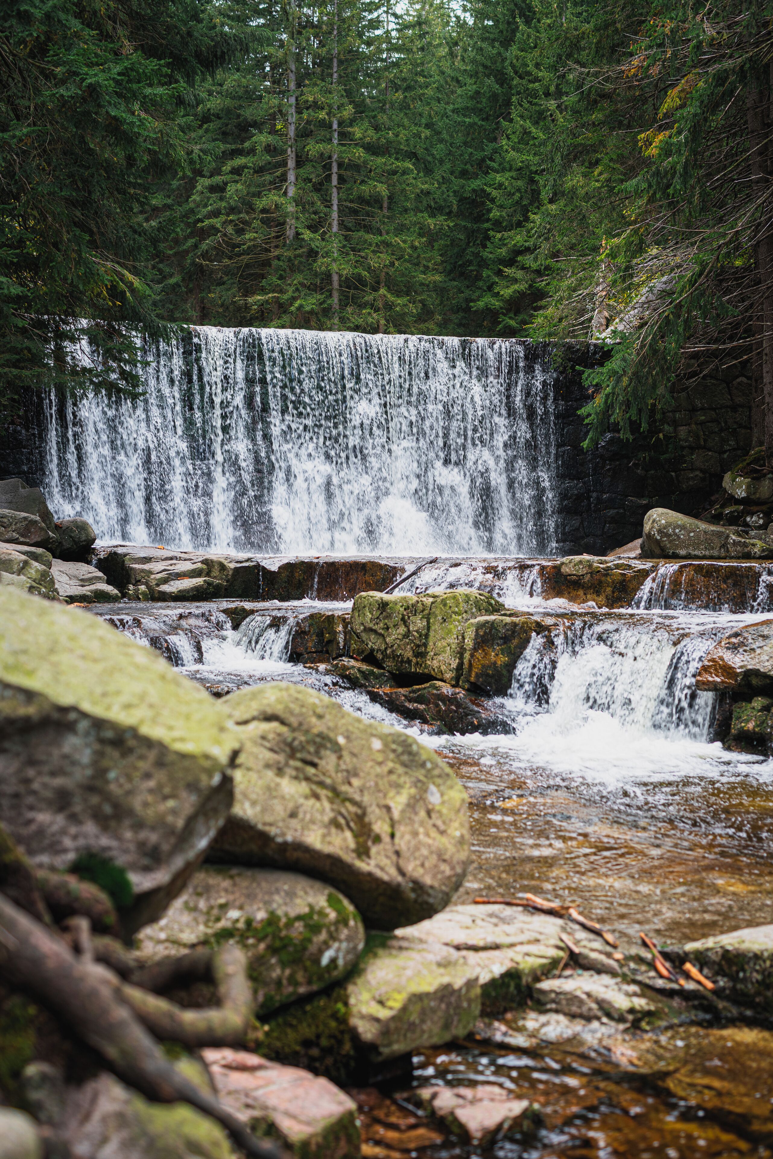 A waterfall cascading over rocks in a forested area.