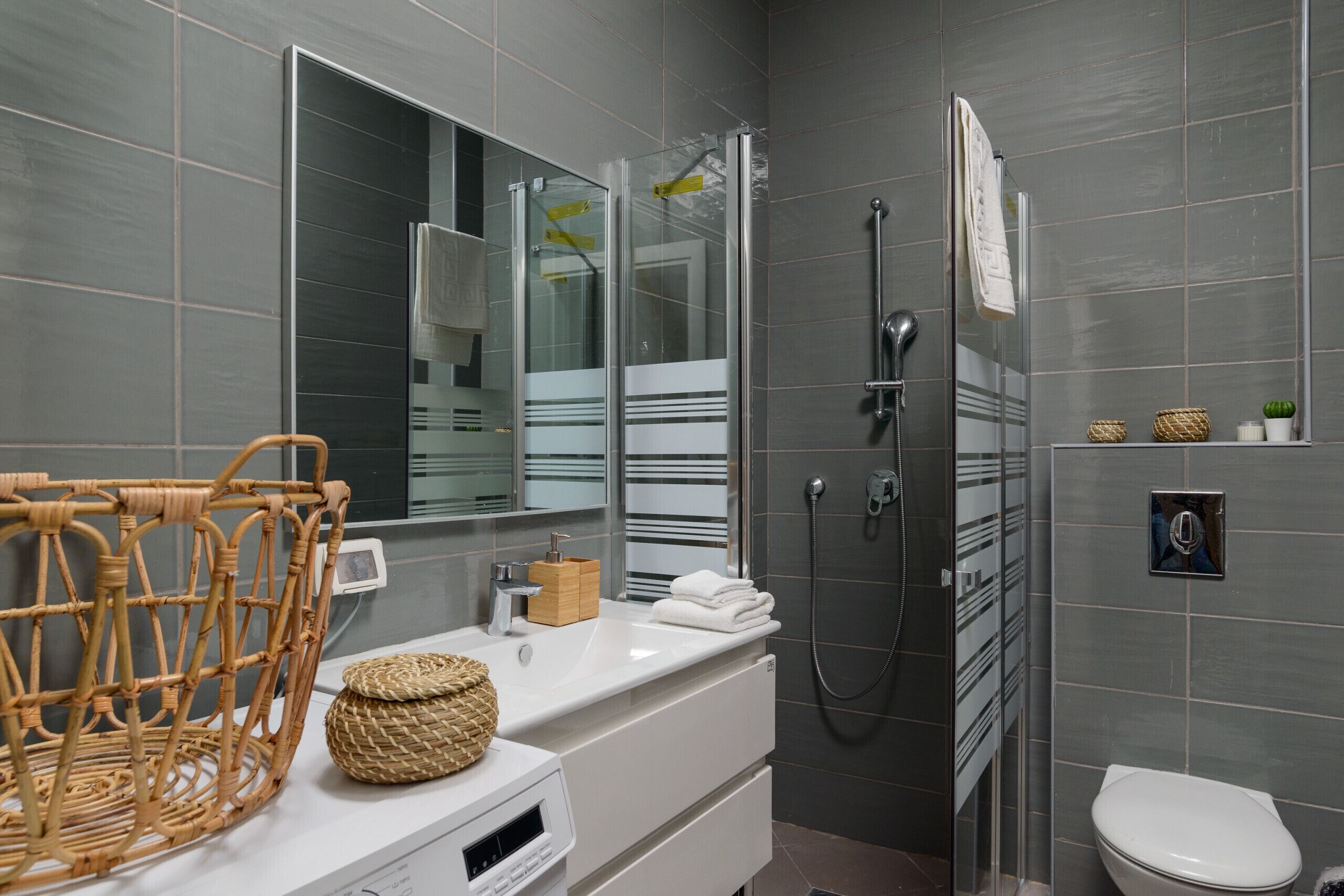 Banheira, secador de cabelo, toalhas de banho 