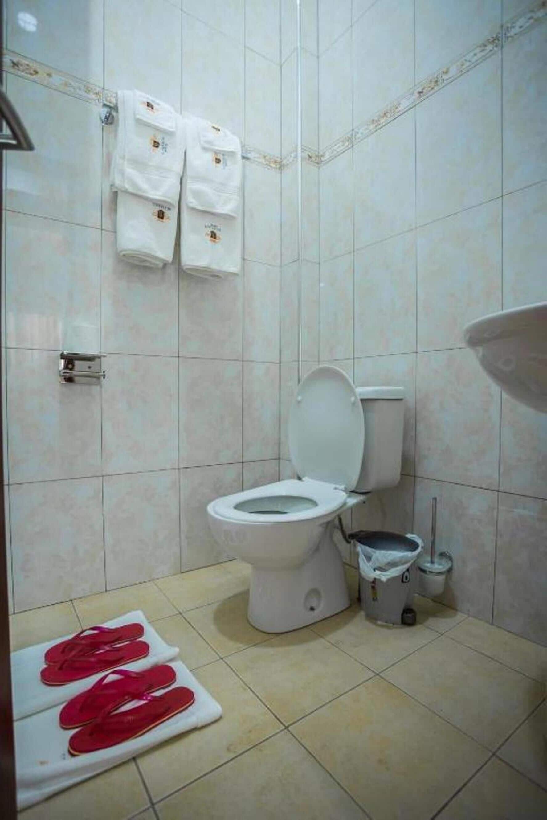 A bathroom with a toilet, a trash bin, and a pair of red flip-flops on a mat.