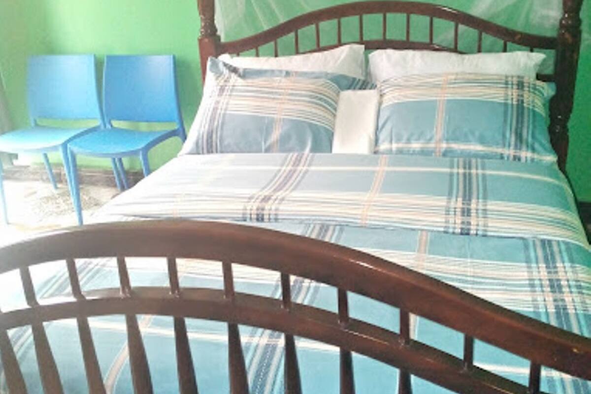 Una cama con estructura de madera, ropa de cama azul y blanca y un dosel. Hay dos sillas azules frente a una pared verde.