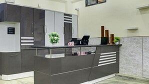 Une cuisine moderne avec des meubles de couleur sombre, un plan de travail en marbre et une petite plante en pot.