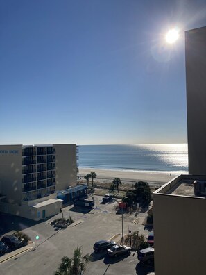 A hotel with a view of the beach and ocean.