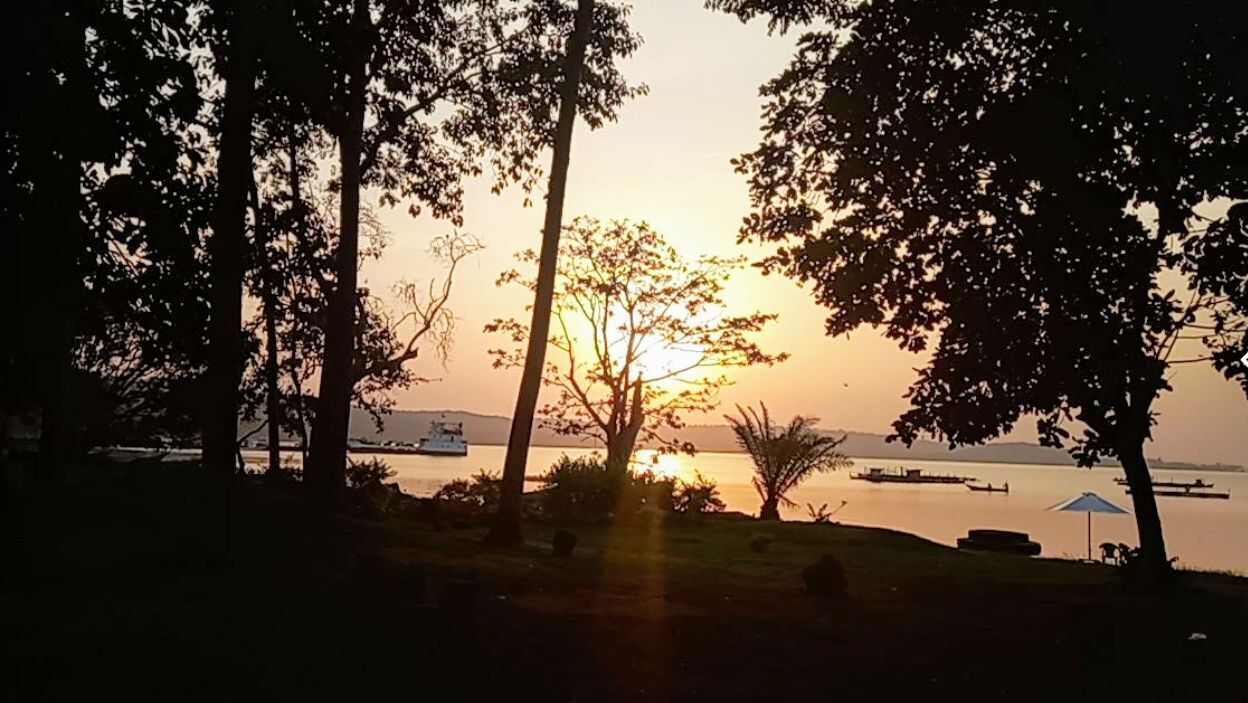 Une vue sur le coucher de soleil, avec des arbres et une étendue d'eau.