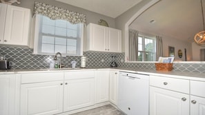 A kitchen with white cabinets, a built-in dishwasher, a stove, and a window with blinds.