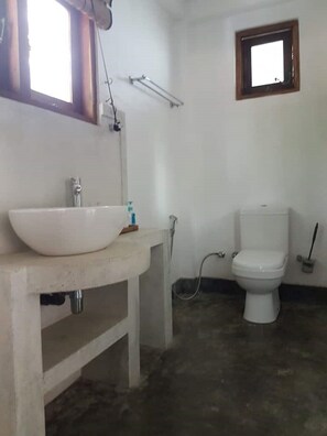 Shower, towels, soap, toilet paper