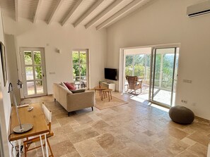 Smart TV, lareira, DVD player, livros