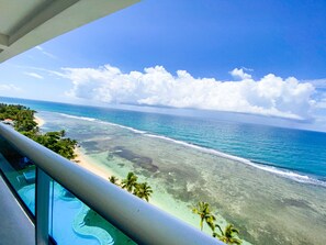 Ein Blick auf einen Strand mit türkisblauem Wasser, sandigem Ufer und einigen Palmen.