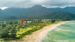 Vista aérea de una zona costera con playa, palmeras y una cadena montañosa al fondo.