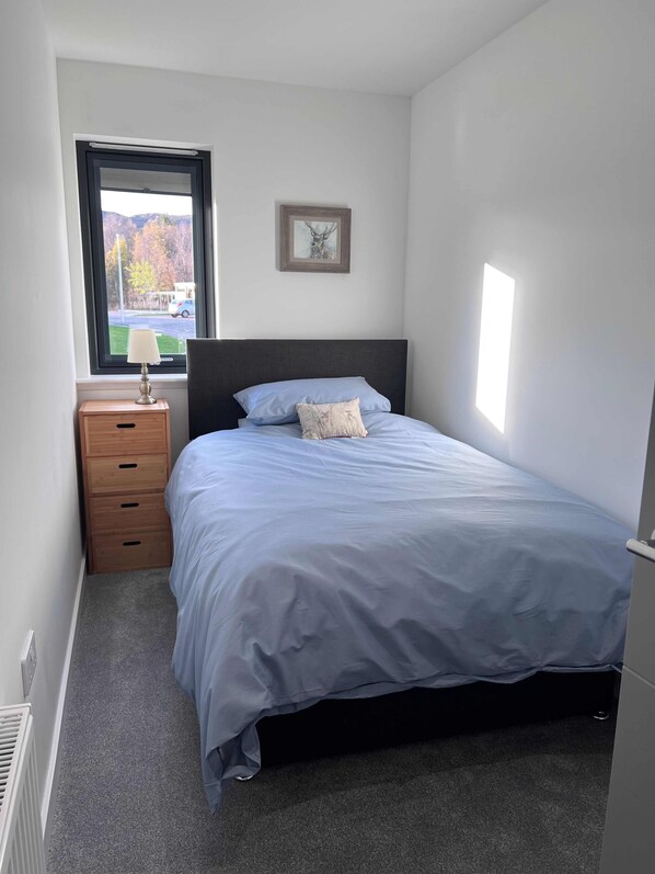 A bedroom with a bed, a nightstand, a lamp, a window with a view of trees, and a framed picture on the wall.