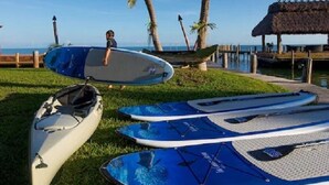A beachside area with kayaks and a paddleboard, palm trees, and a thatched-roof structure.