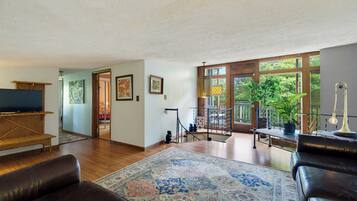 Smart TV, fireplace, books, stereo