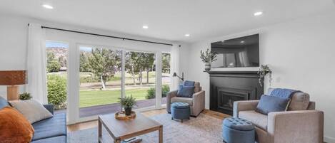 Télévision, cheminée, espaces bureaux