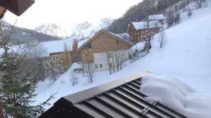 A wooden deck with a metal railing and a snow-covered roof.