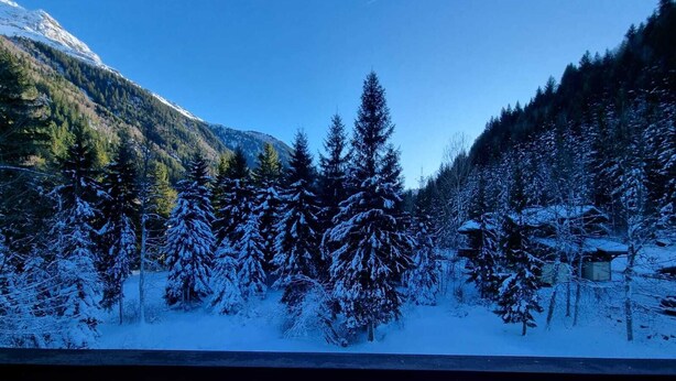 Escena nevada d'un bosc amb una cabana al fons.