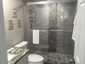 Combined shower/bathtub, hair dryer, towels, soap