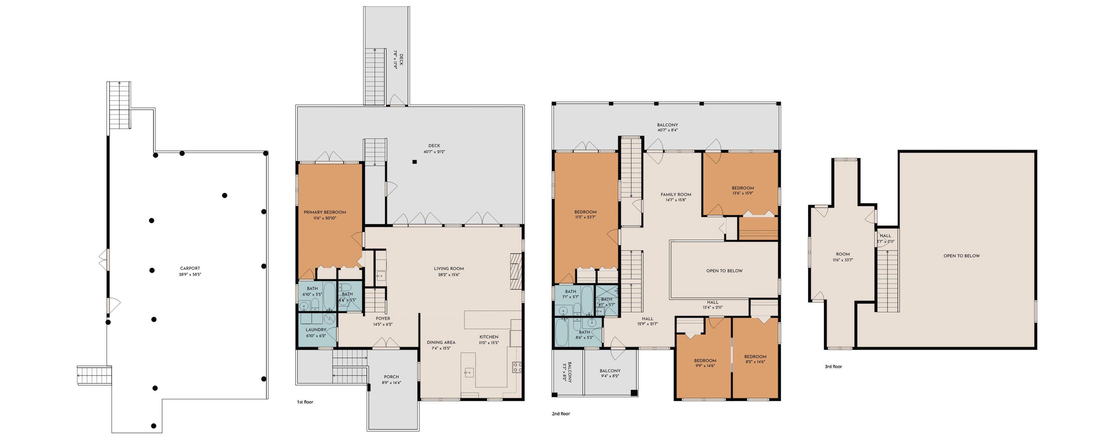 A multi-floor building layout with a carport, primary bedroom, living room, dining area, kitchen, and balconies.