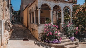 A narrow street with stone buildings, a staircase leading to a building with arches, and flowering plants. - Holiday apartment with pool near Porec (Poreč)