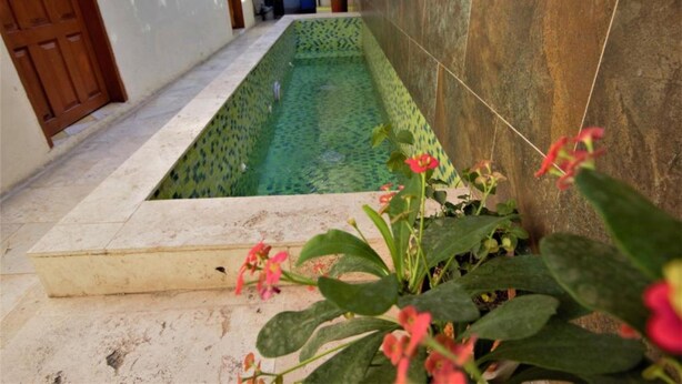 Una piscina rectangular y estrecha con borde de azulejos, rodeada por un muro bajo y suelo de cerámica.