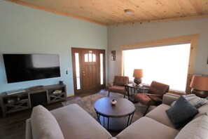 Smart TV, chimenea y libros 