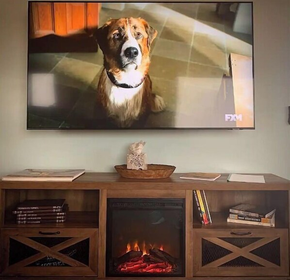 A television mounted on a wall displaying a dog, a fireplace below, and a wooden console with books and a decorative item.