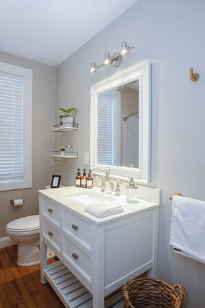 Combined shower/bathtub, jetted bath, hair dryer, towels