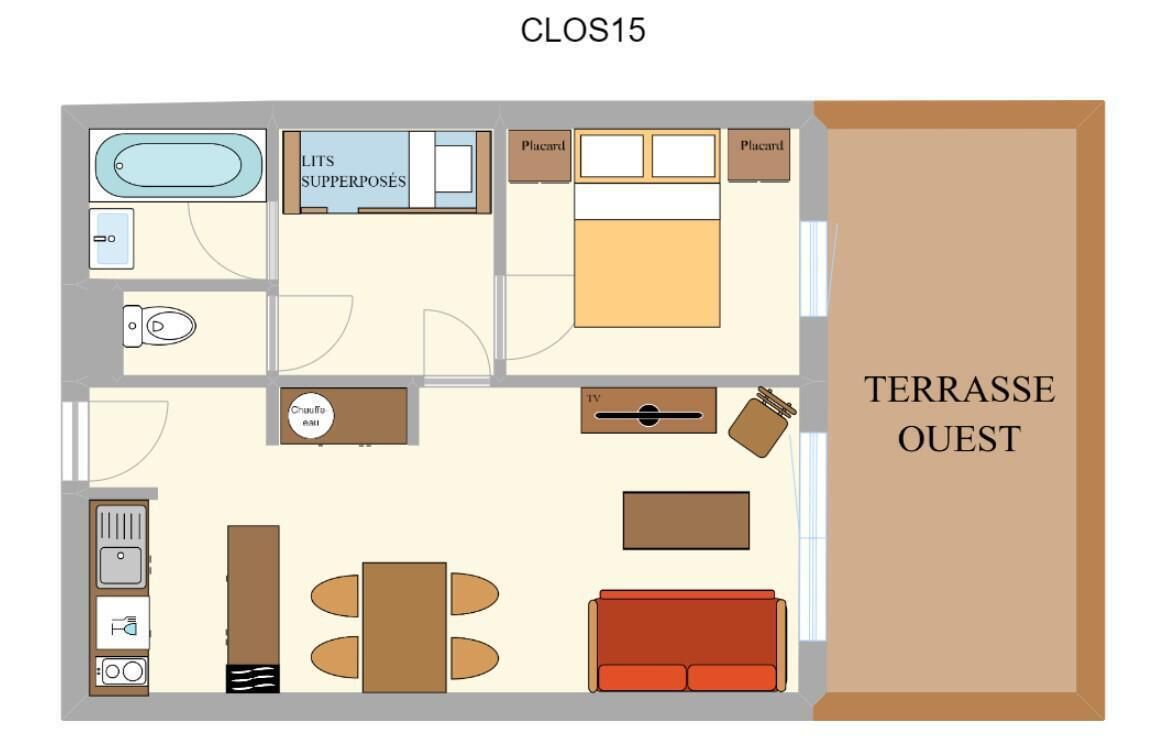 Distribució d'una habitació d'hotel amb bany, zona de cuina, menjador i saló amb sofà i televisió.