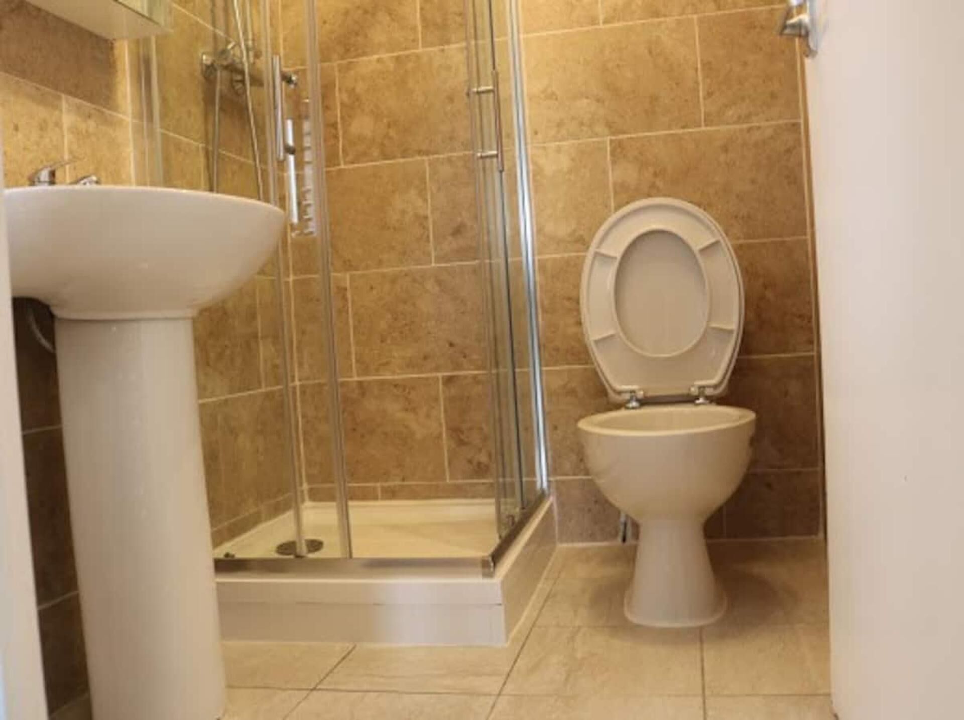 A bathroom with a shower enclosure, a sink, and a toilet.