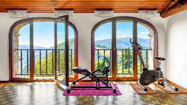 A room with large arched windows, wooden ceiling, and exercise equipment. - Casa Dell'antonio With Sauna (Aranno)