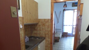 A compact kitchen with wooden cabinets, a small sink, and a refrigerator. - FOUX D'ALLOS MEZZANINE STUDIO 28M2 (foux d'allos)