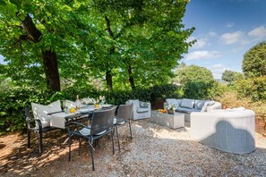 An outdoor seating area with a table, chairs, and a sofa under a large tree.