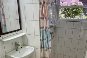 Shower, hair dryer, towels