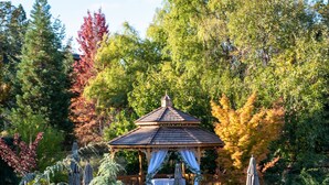 Un kiosque doté d’un toit en bois et de rideaux blancs, entouré d’une végétation luxuriante et d’arbres aux couleurs automnales.