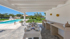 Un espace extérieur aménagé pour les repas, avec vue sur la piscine, une terrasse couverte et un comptoir de cuisine.