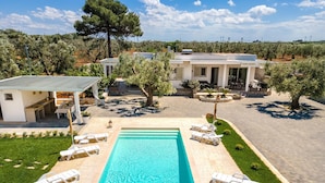 Une piscine rectangulaire, dotée de chaises longues et d’une pergola.